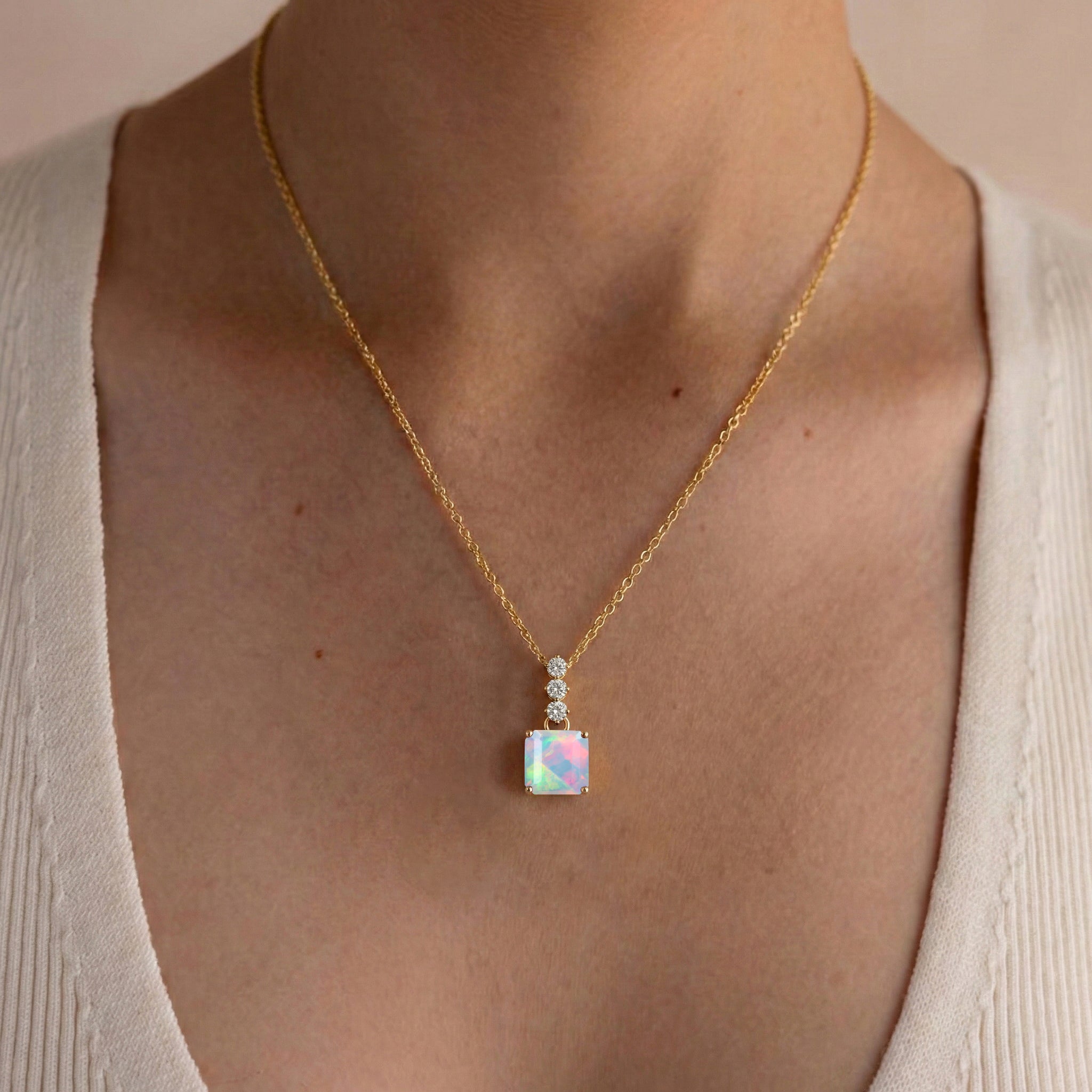 White Opal Octagon Solitaire Pendant Necklace in 925 Sterling Silver 8 MM 2ct