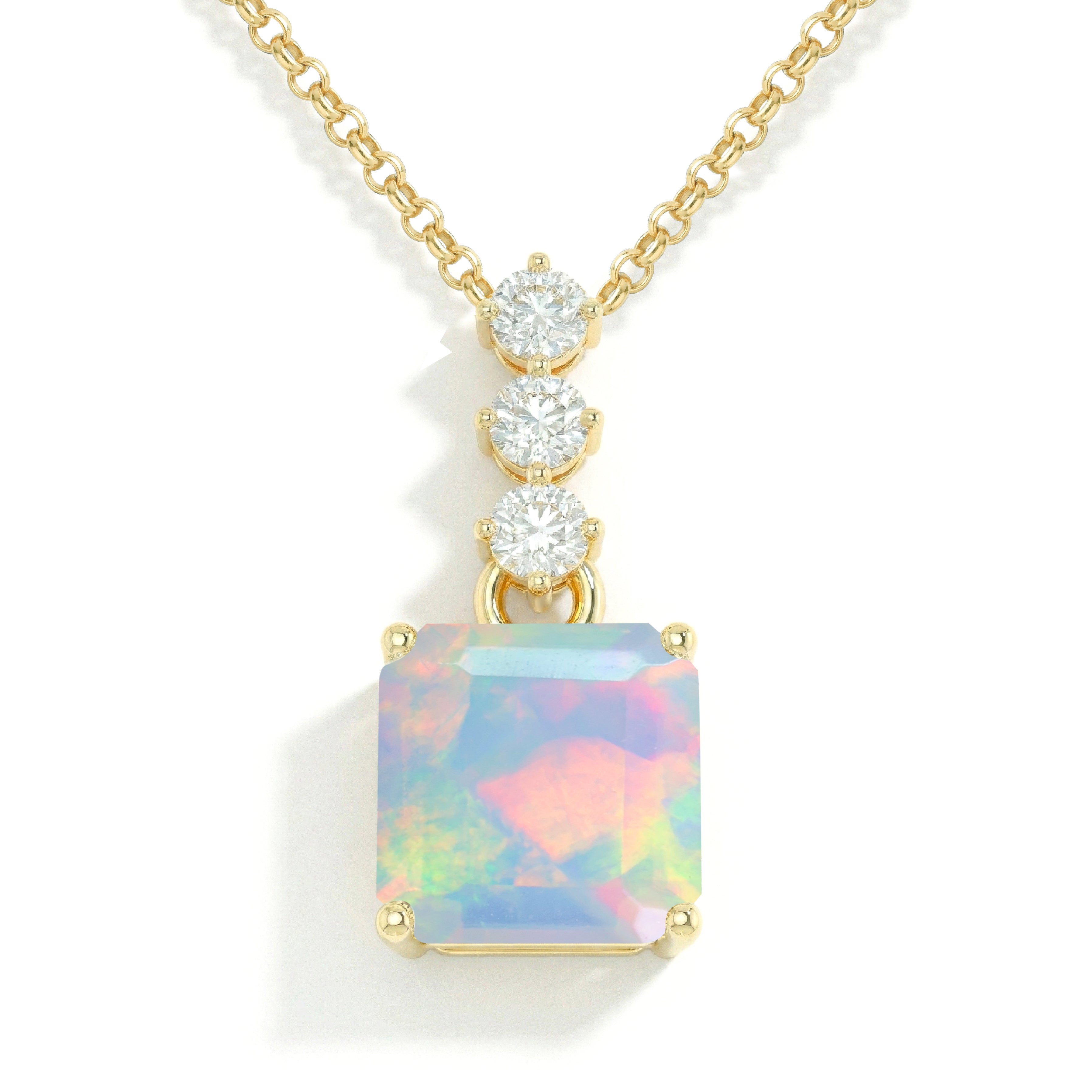 White Opal Octagon Solitaire Pendant Necklace in 925 Sterling Silver 8 MM 2ct