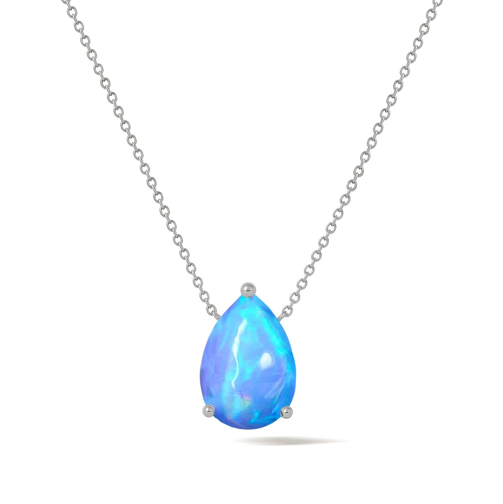 Blue Opal Pear Stone Solitaire Pendant Necklace in 925 Sterling Silver