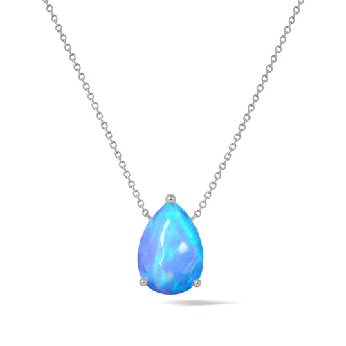 Blue Opal Pear Stone Solitaire Pendant Necklace in 925 Sterling Silver
