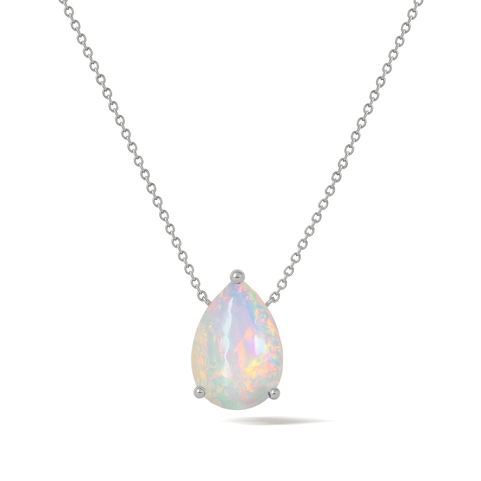White Opal Pear Stone Solitaire Pendant Necklace in 925 Sterling Silver