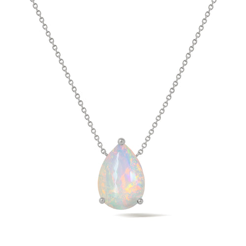 White Opal Pear Stone Solitaire Pendant Necklace in 925 Sterling Silver