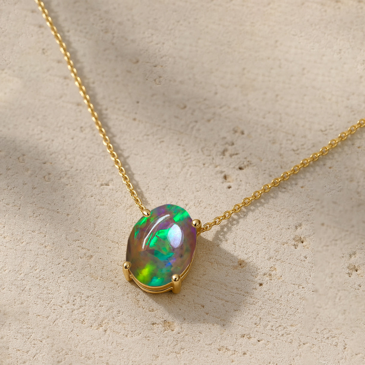 Black Opal Oval Stone Chain Pendant Necklace in 925 Silver