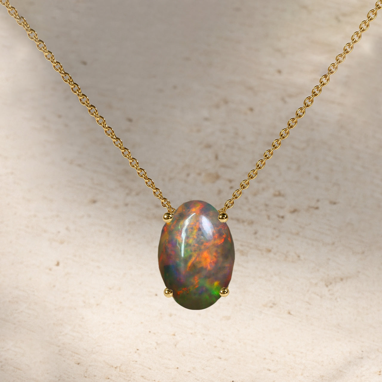 Black Opal Oval Stone Chain Pendant Necklace in 925 Silver