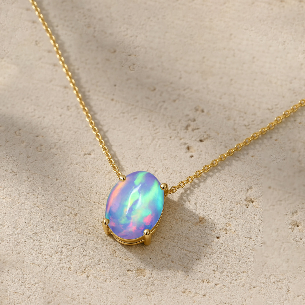 Blue Opal Oval Stone Chain Pendant Necklace in 925 Silver