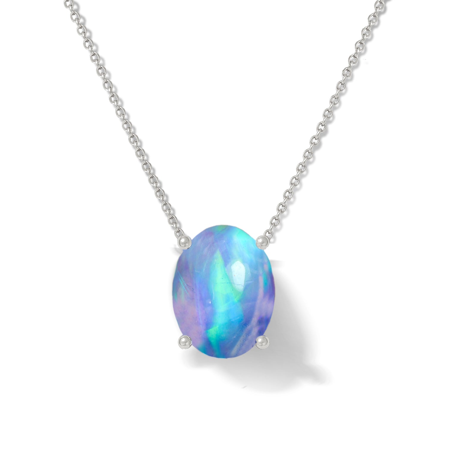 Blue Opal Oval Stone Chain Solitaire Pendant Necklace in 925 Silver