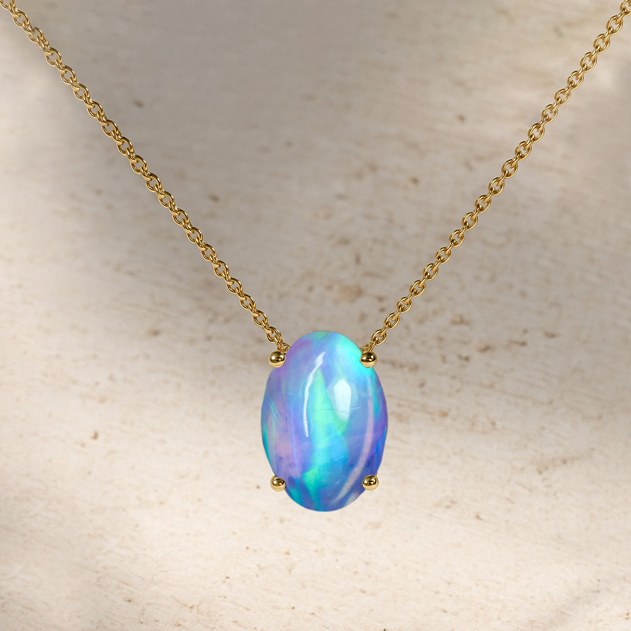 Blue Opal Oval Stone Chain Pendant Necklace in 925 Silver
