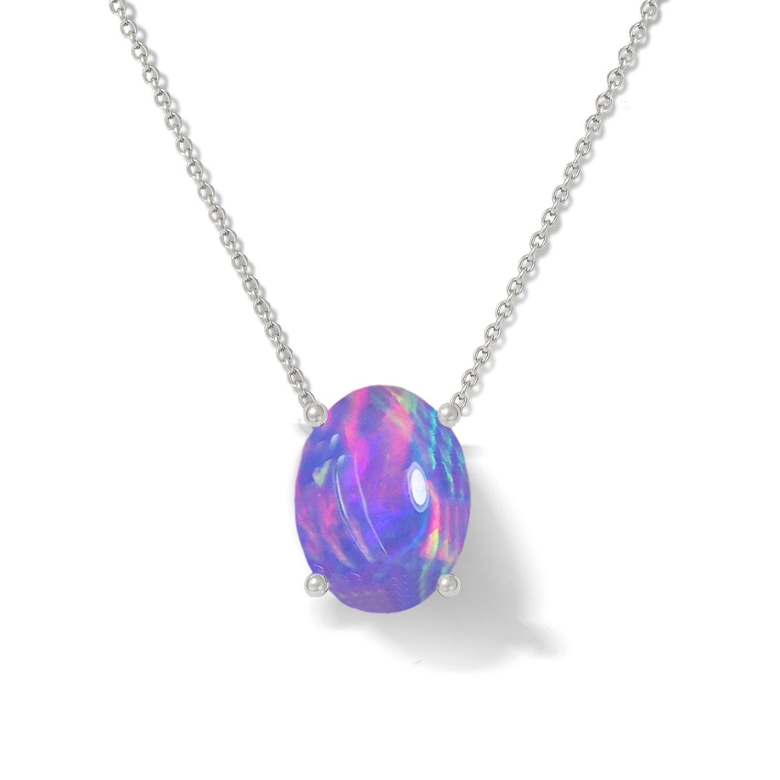 Lavender Opal Oval Stone Chain Solitaire Pendant Necklace in 925 Silver