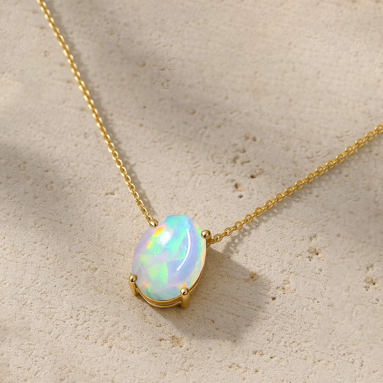 White Opal Oval Stone Chain Pendant Necklace in 925 Silver