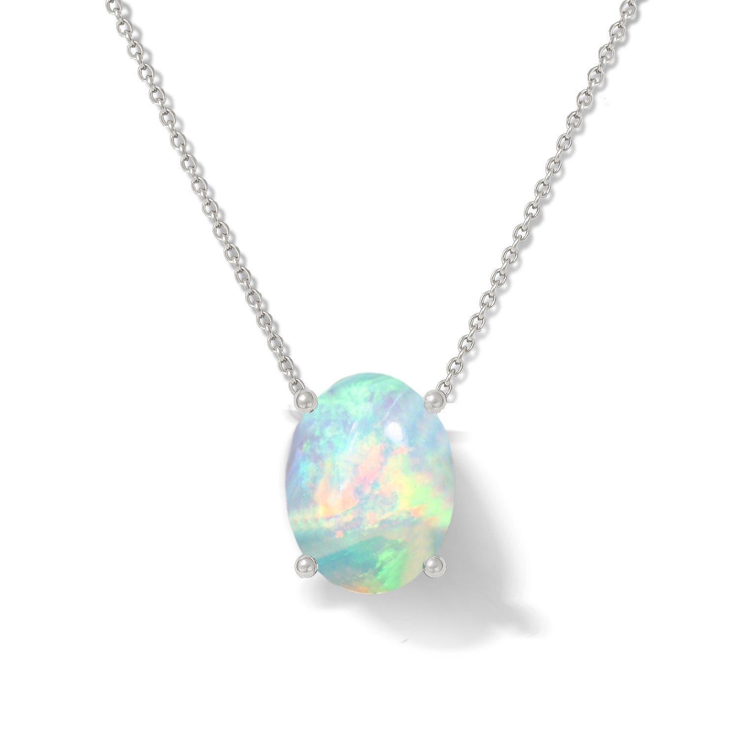 White Opal Oval Stone Chain Solitaire Pendant Necklace in 925 Silver
