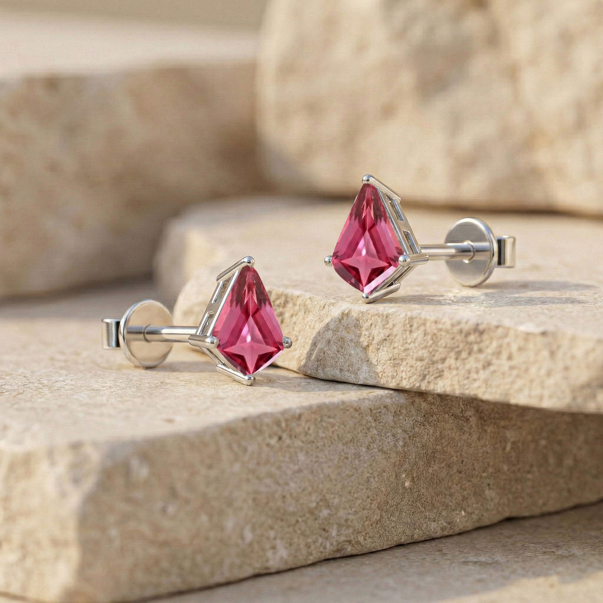 Pink Tourmaline Kite Stud Earrings in 925 Sterling Silver 7x5 MM 1.50ct