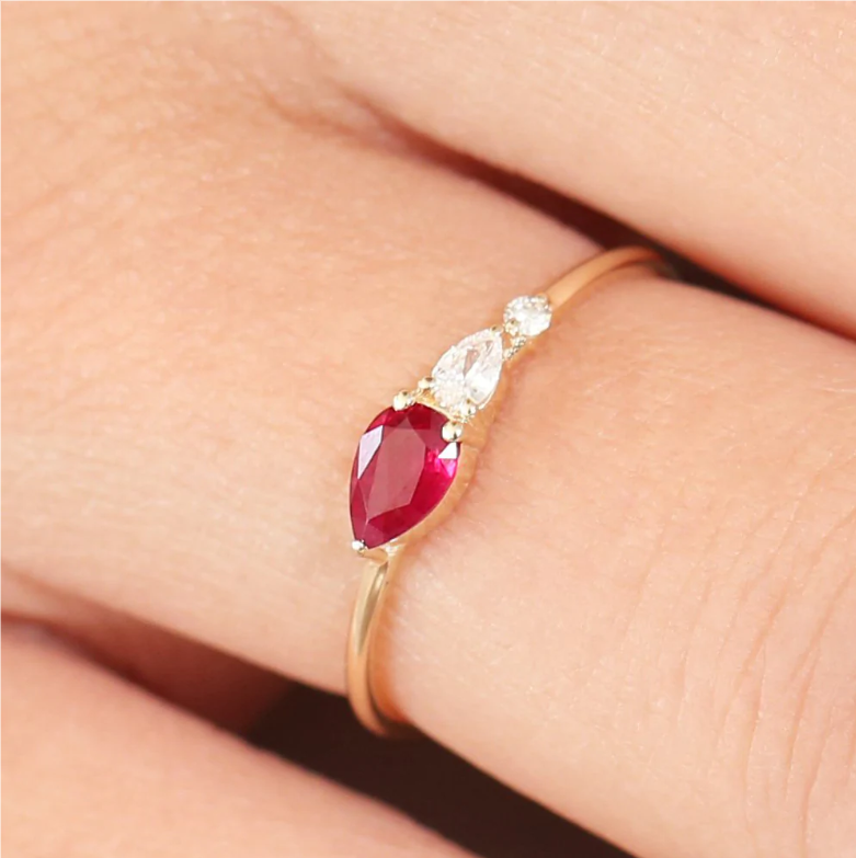 Genuine Ruby Pear Three Stone Ring