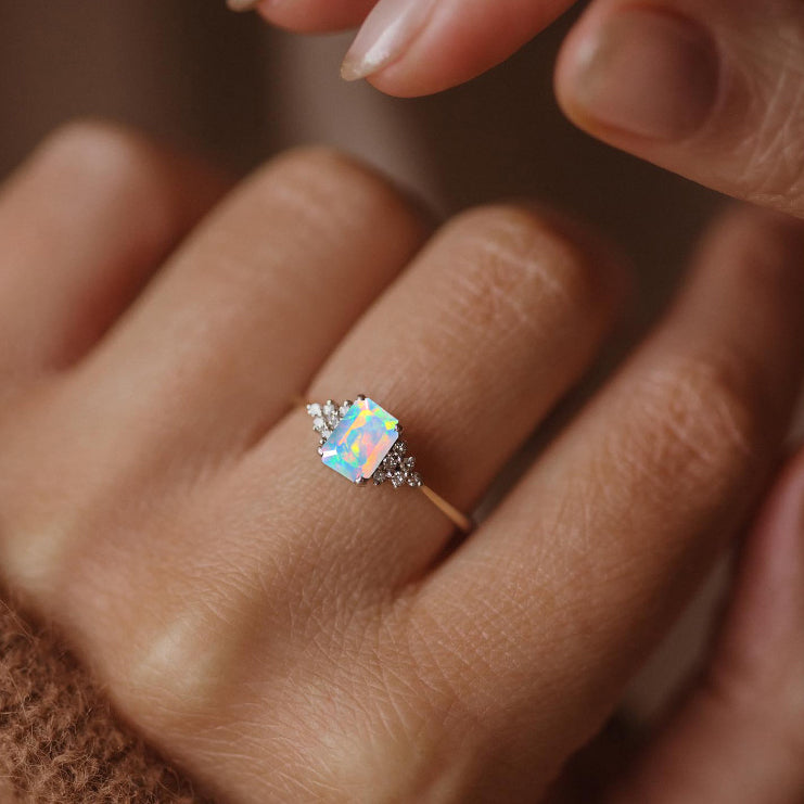 Natural White Opal Octagon Stone Solitaire Ring in Yellow Gold Filled & Sterling Silver