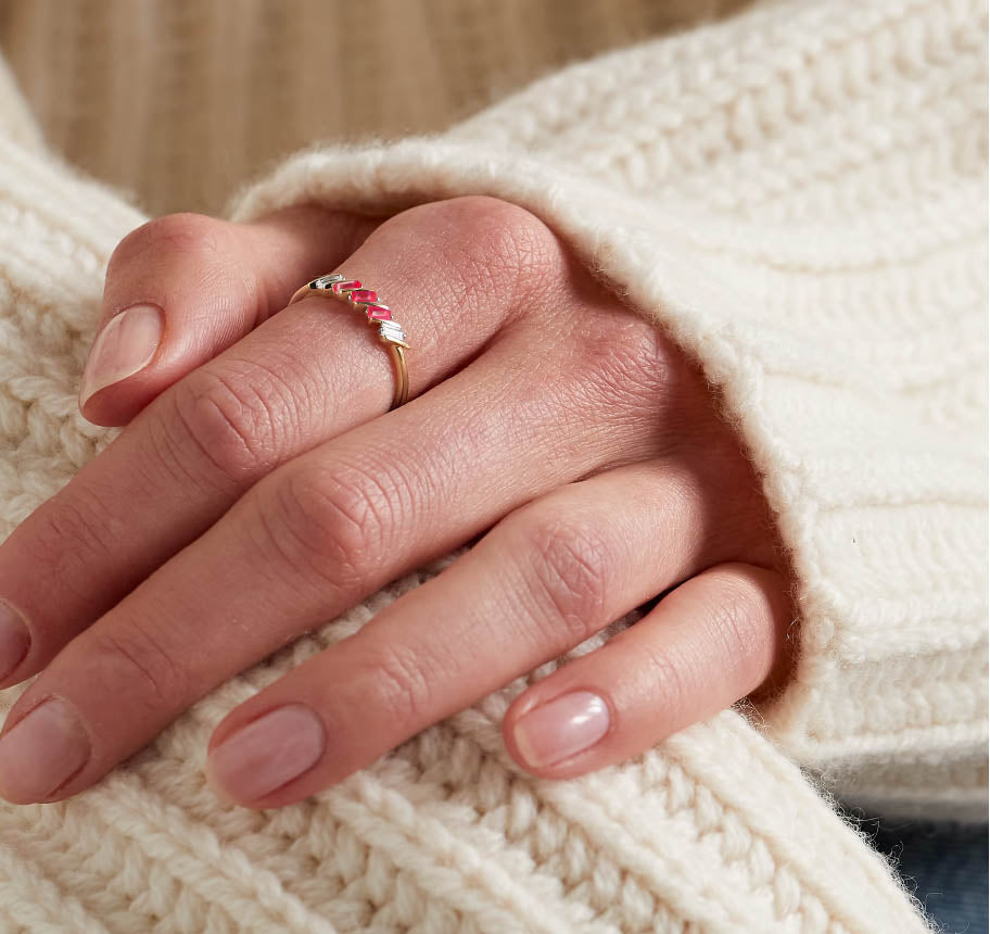 Natural Ruby Baguette Style Three Stone Ring in Gold Filled & Sterling Silver