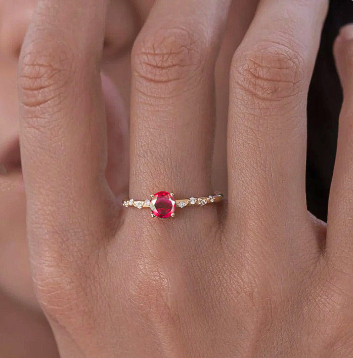 Natural RUBY ROUND STONE MINIMALIST SOLITAIRE WITH ACCENTS RING