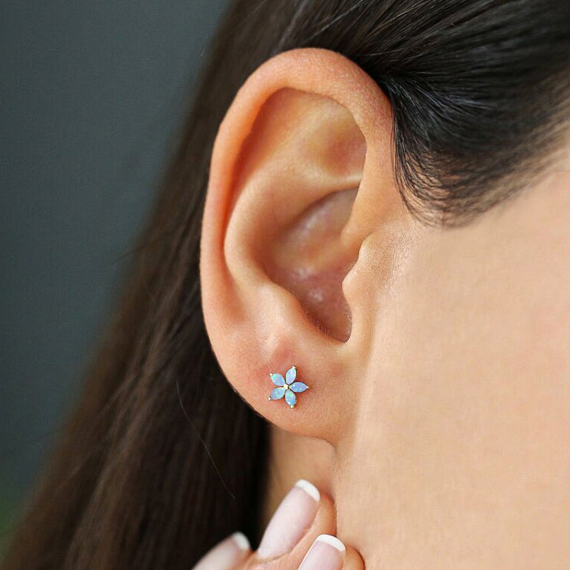 White Opal Flower Style Stud Earring
