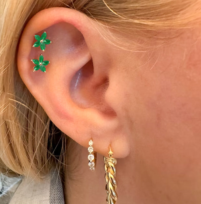 Green Emerald Flower Style Stud Earring