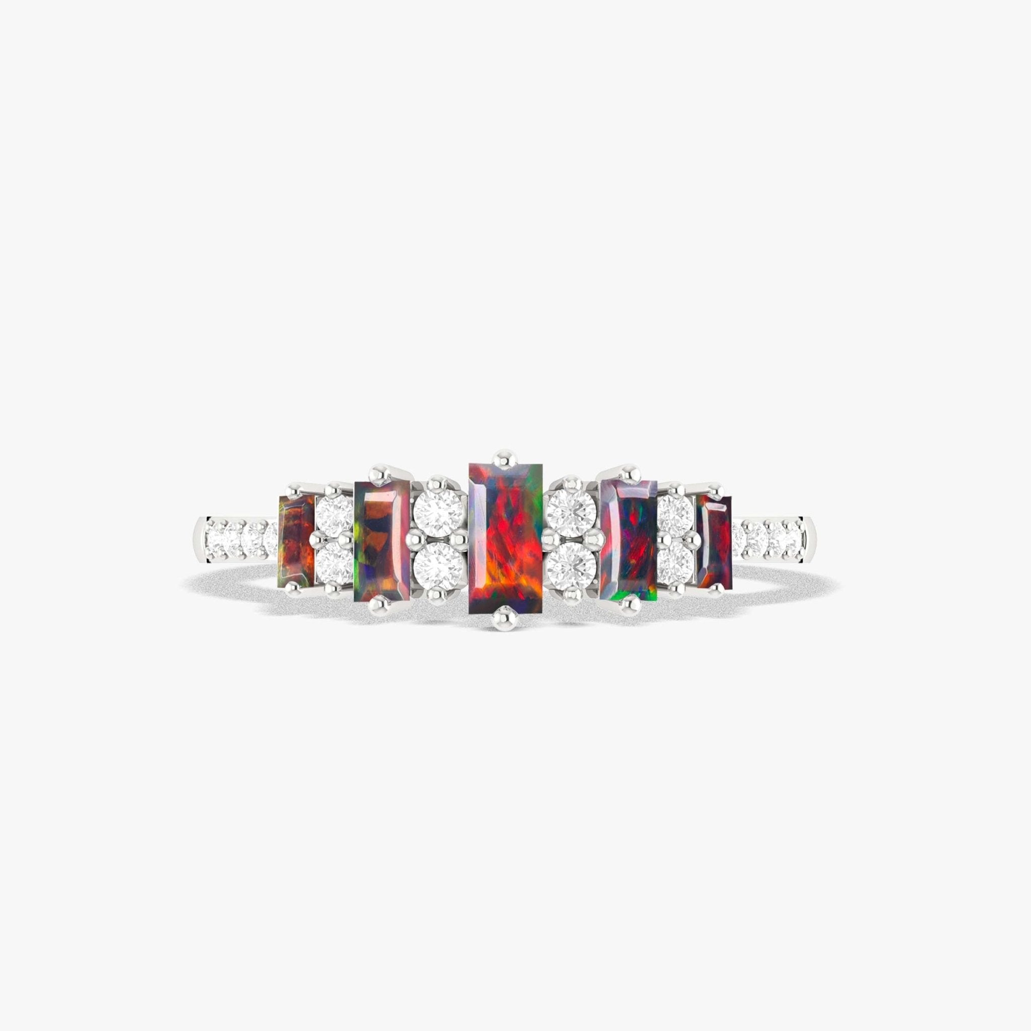 Baguette Shape Natural Black Opal Half Eternity Engagement Ring - Goodstone Jewels