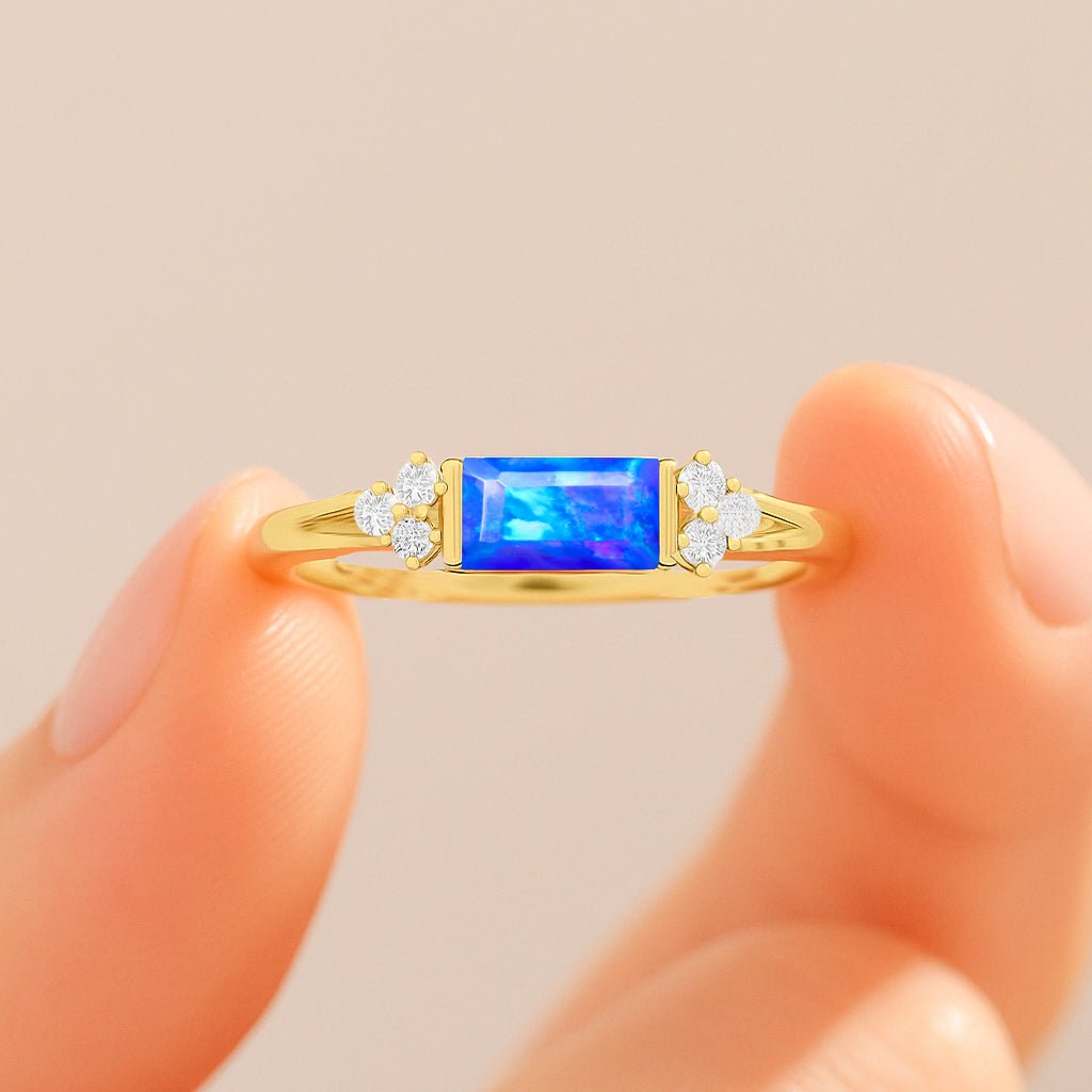 Baguette Shape Natural Blue Opal Designer Ring in Gold Filled & Sterling Silver - Goodstone Jewels