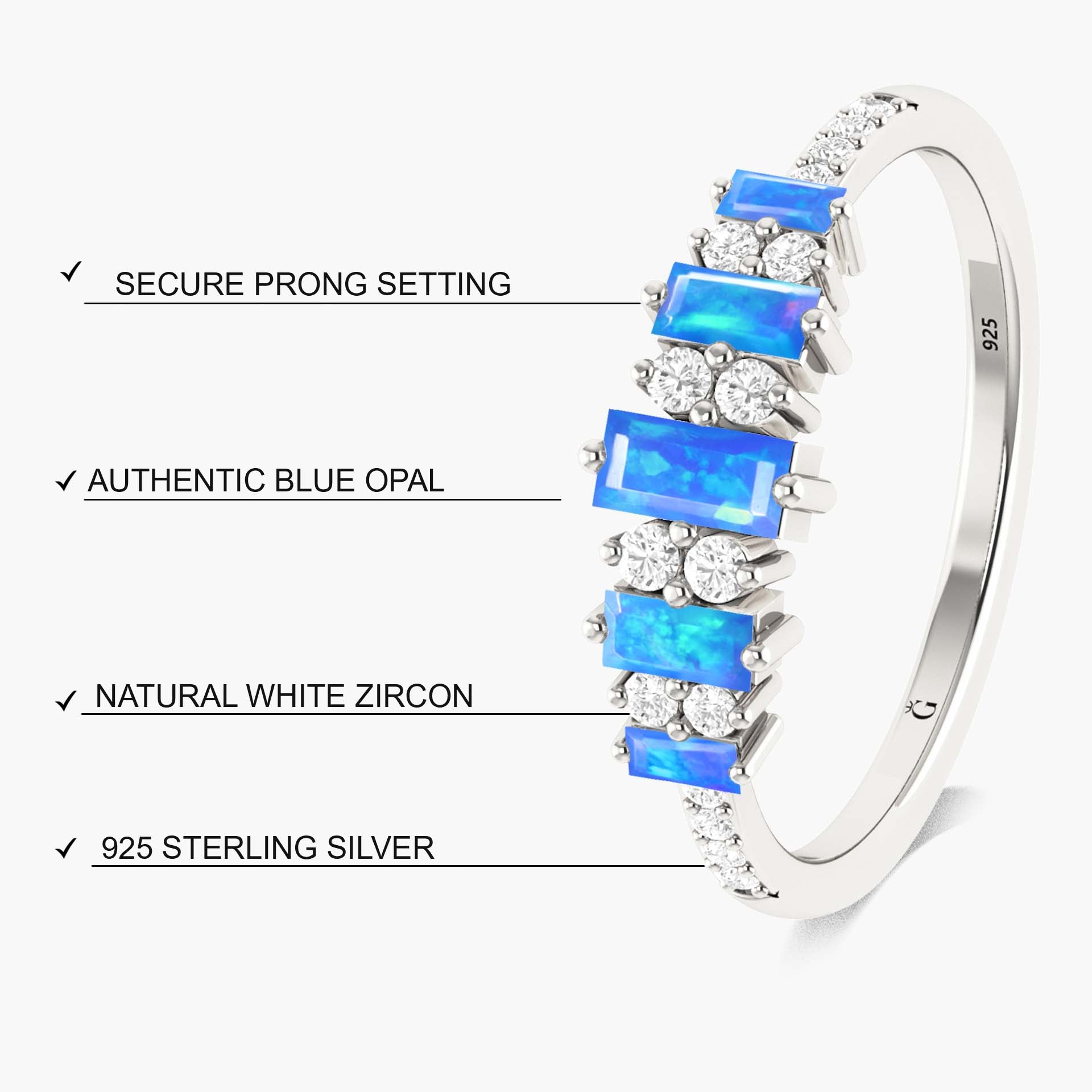 Baguette Shape Natural Blue Opal Half Eternity Engagement Ring - Goodstone Jewels