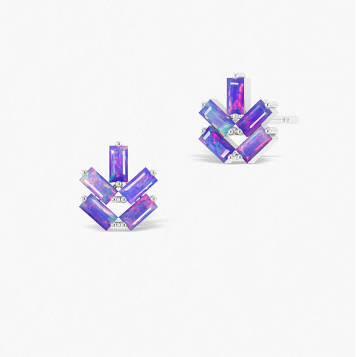 Baguette Shape Natural Lavender Opal Leaf Stud Earrings