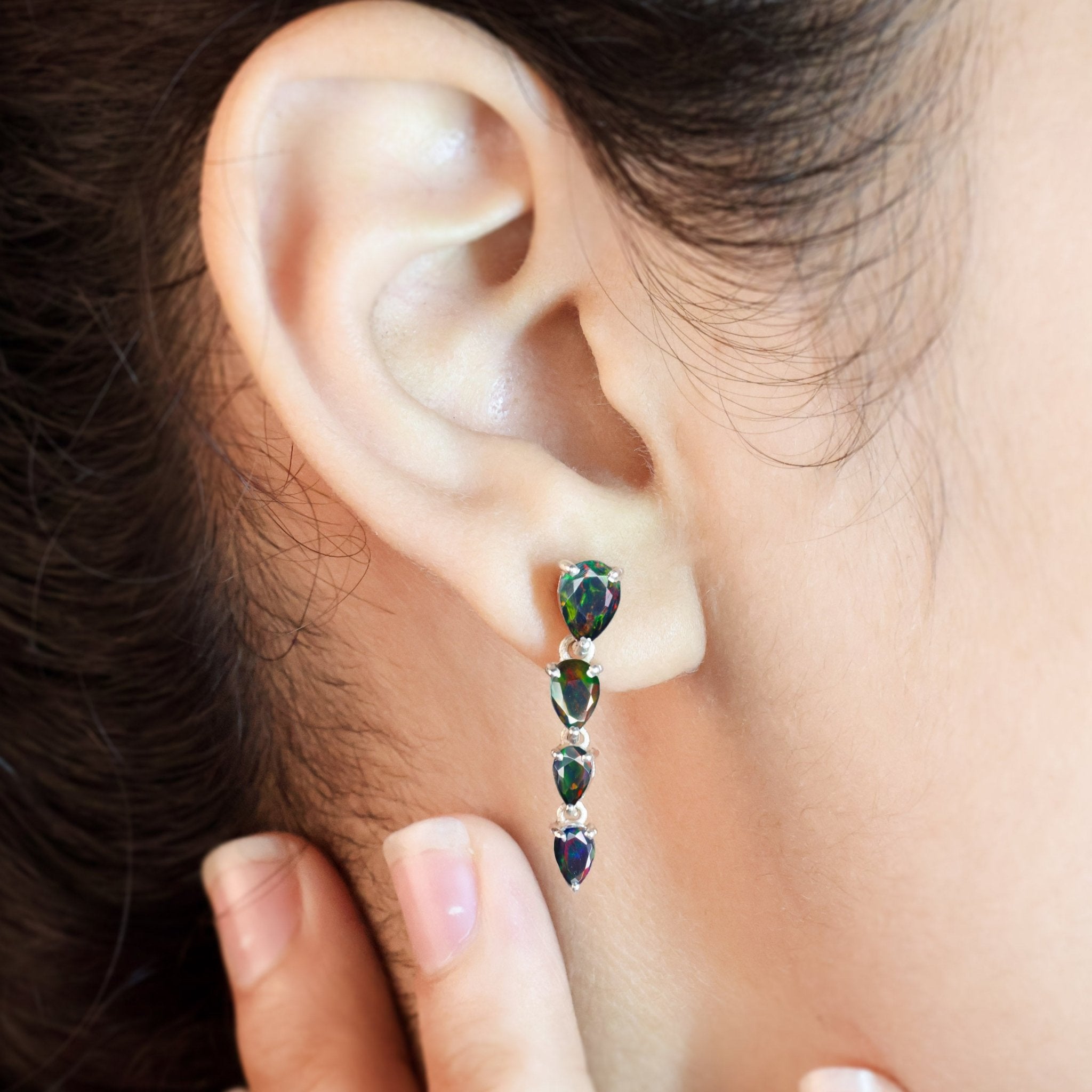 Black Multifire Opal Pear Drop Earrings - Goodstone Jewels