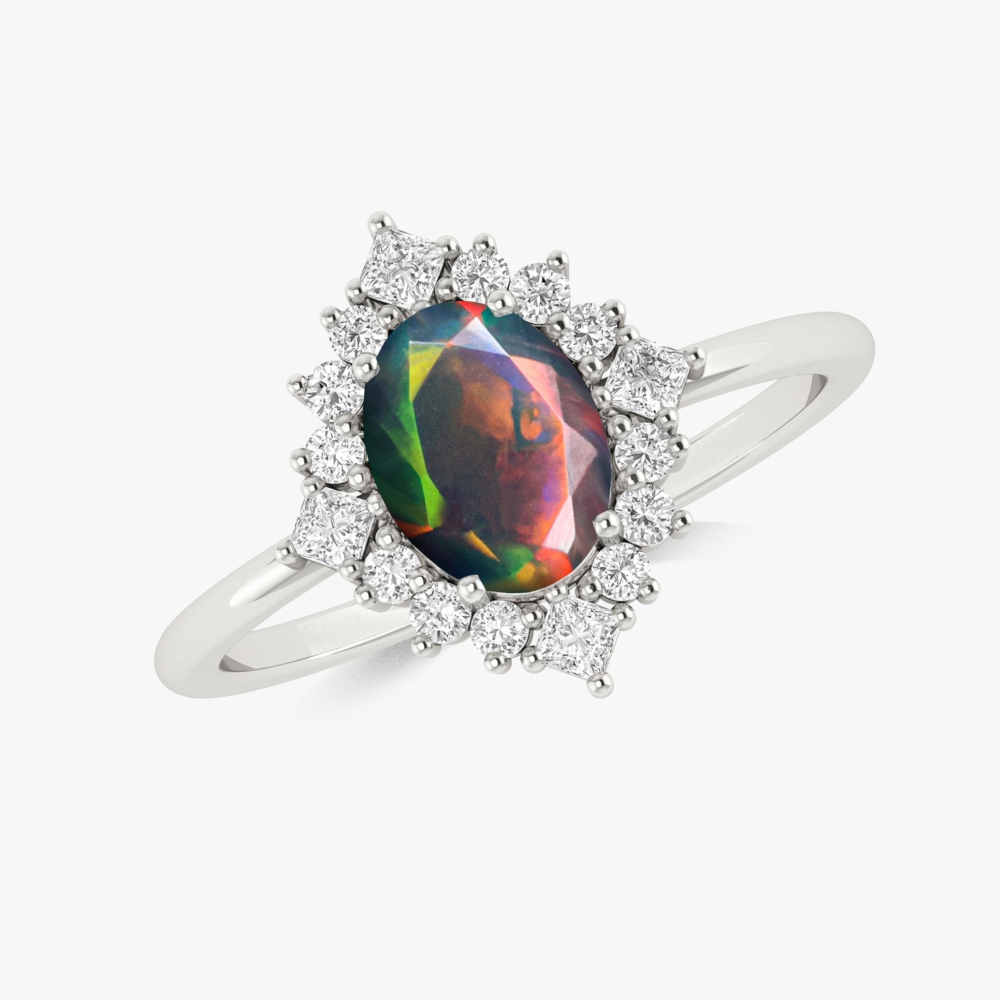 Halo ring black opal faceted elegant design