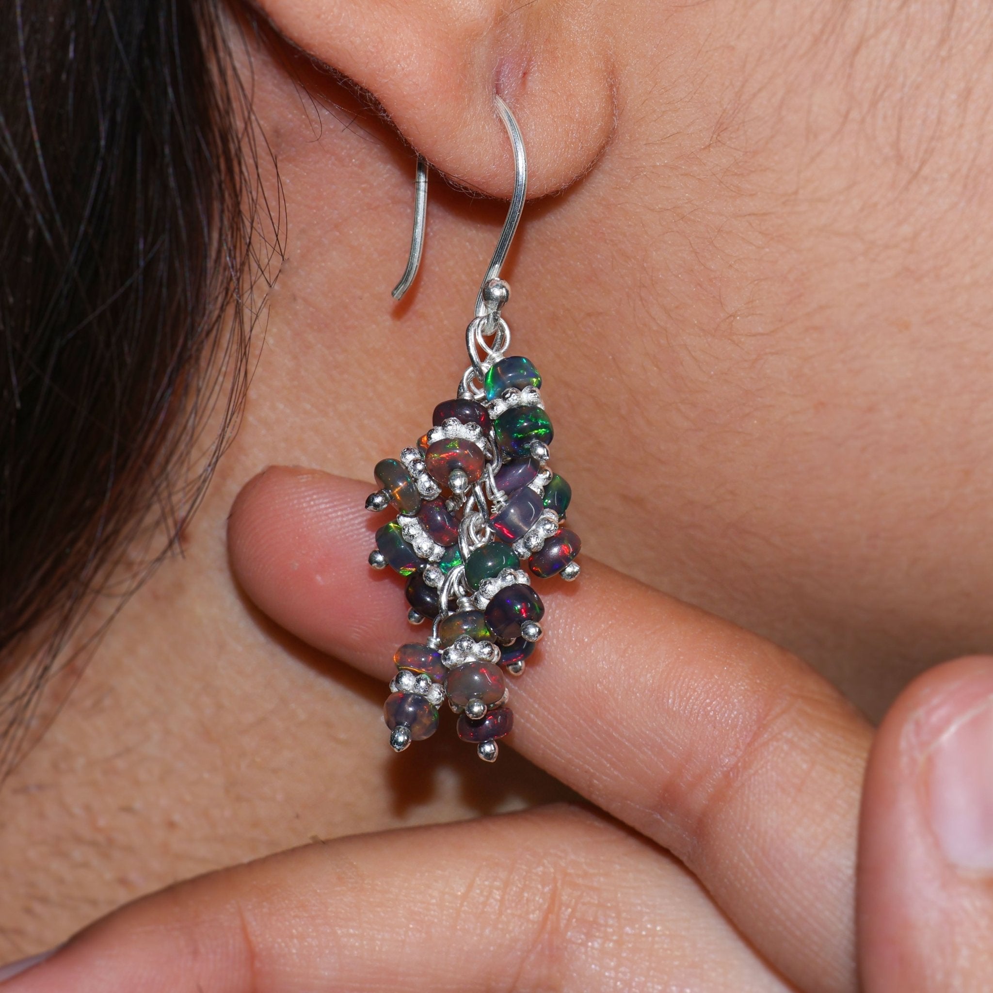 Black Opal Handmade Wire Wrapping Chakri Earrings - Goodstone Jewels
