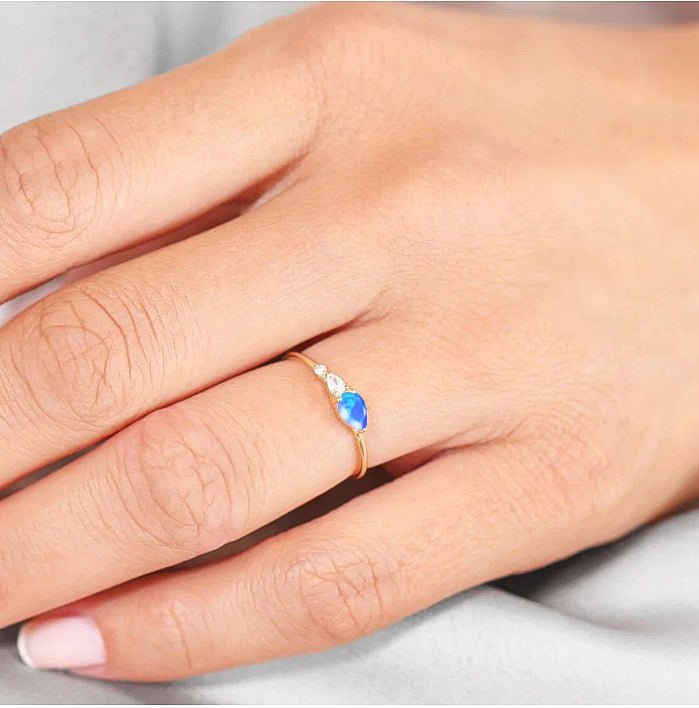 Blue Fire Opal Pear Three Stone Ring - Goodstone Jewels