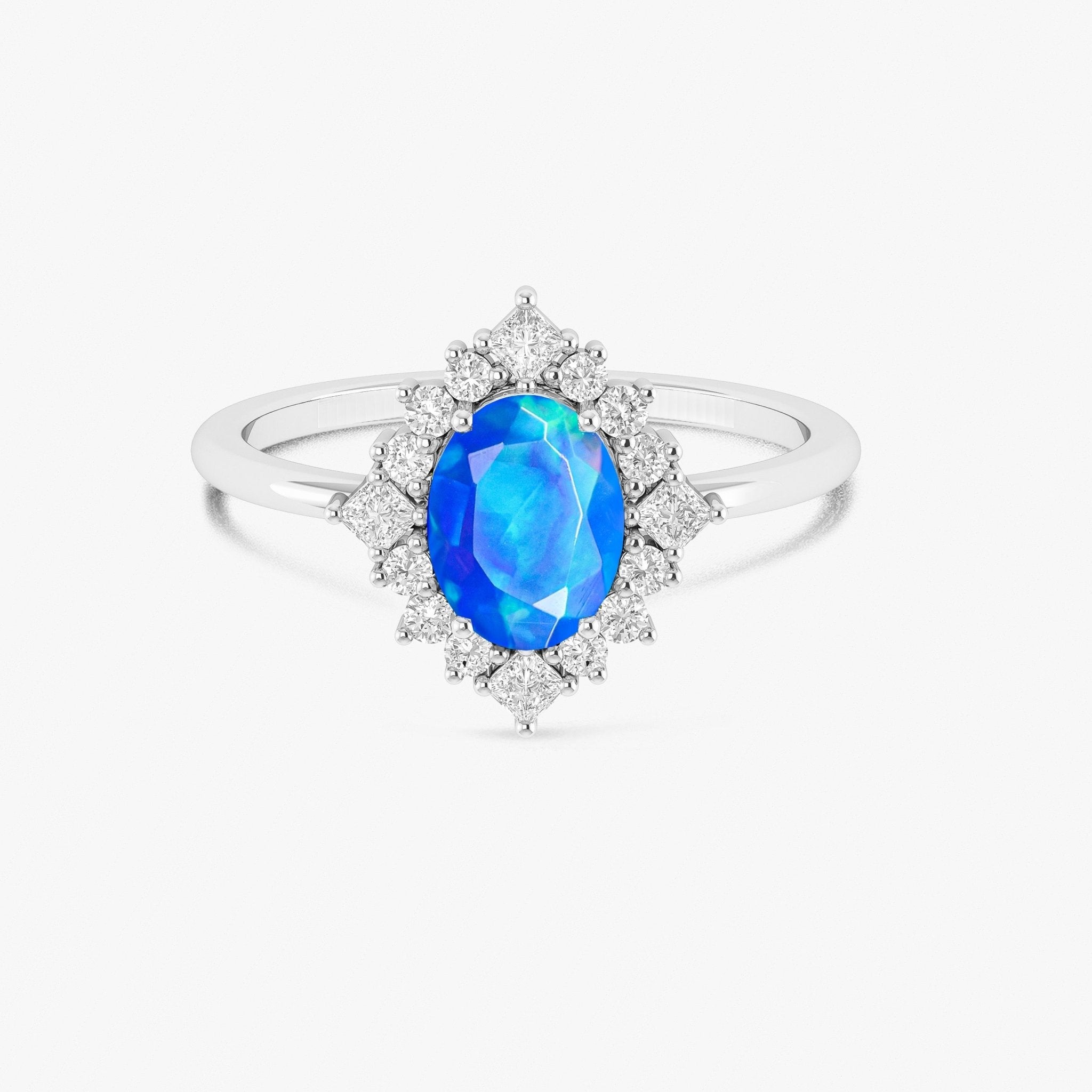 Halo ring blue opal faceted elegant design