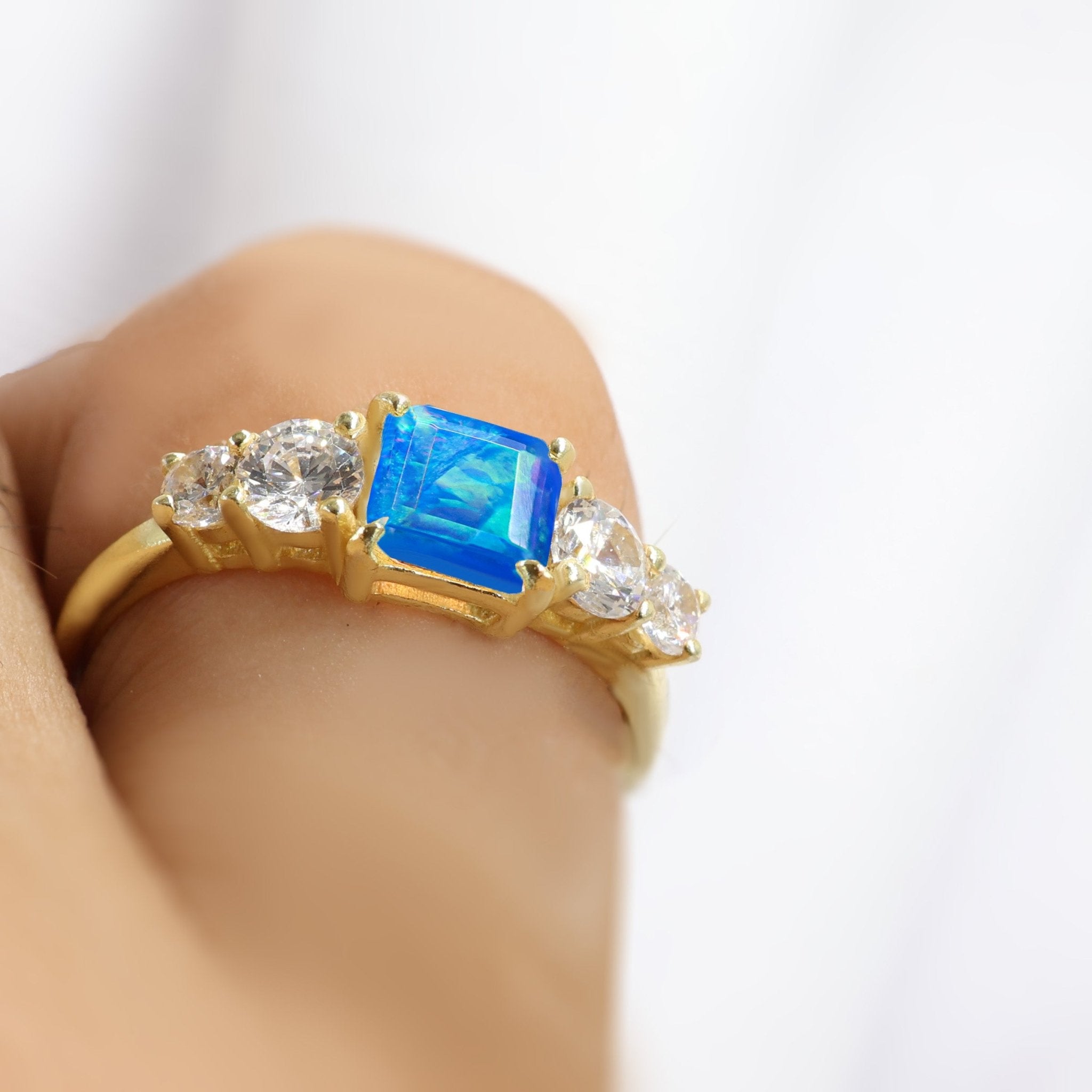 Blue Natural Fire Faceted Octagon Opal Ring - Goodstone Jewels