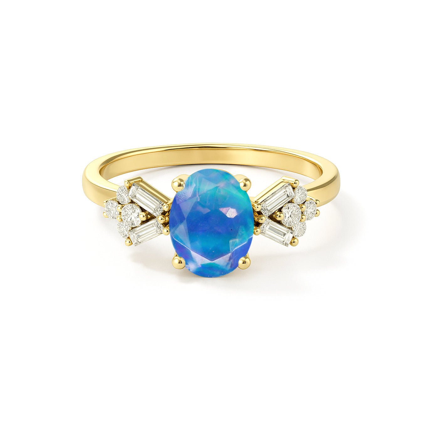 Designer Ring with Central Oval - Cut Natural Blue Opal Gemstone - Goodstone Jewels