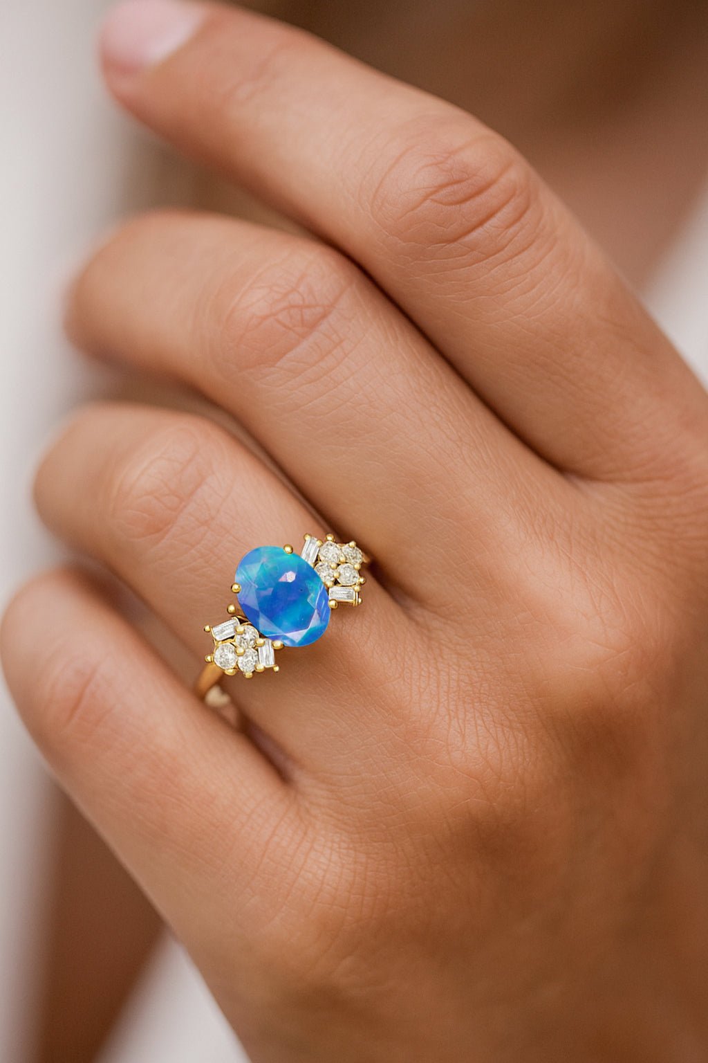 Designer Ring with Central Oval - Cut Natural Blue Opal Gemstone - Goodstone Jewels