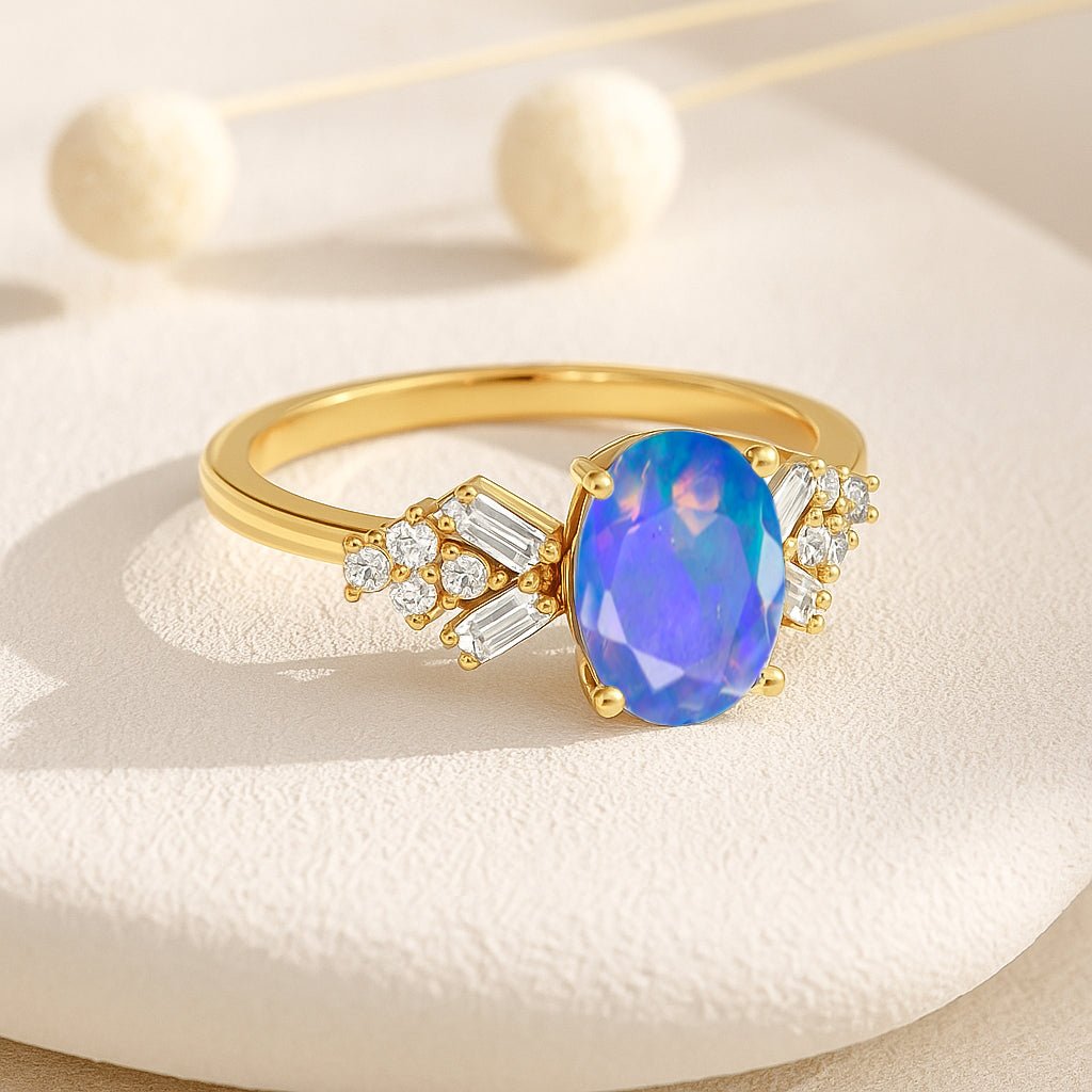 Designer Ring with Central Oval - Cut Natural Blue Opal Gemstone - Goodstone Jewels