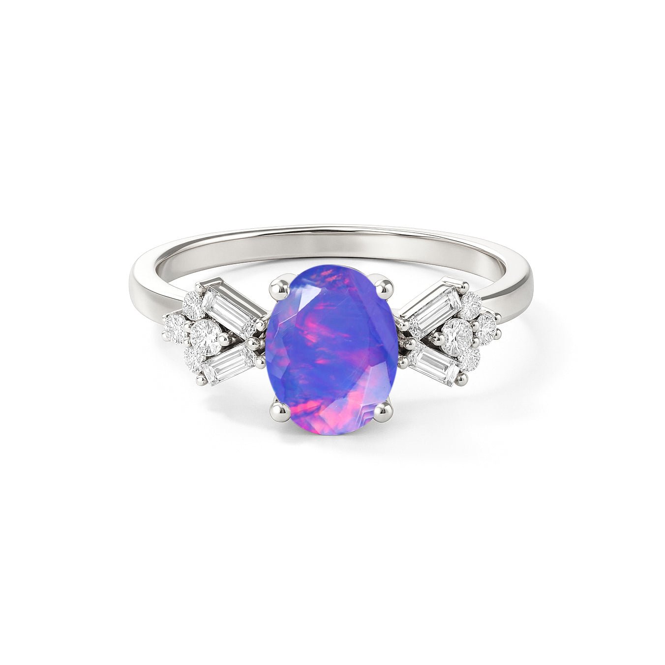 Designer Ring with Central Oval - Cut Natural Lavender Opal Gemstone - Goodstone Jewels