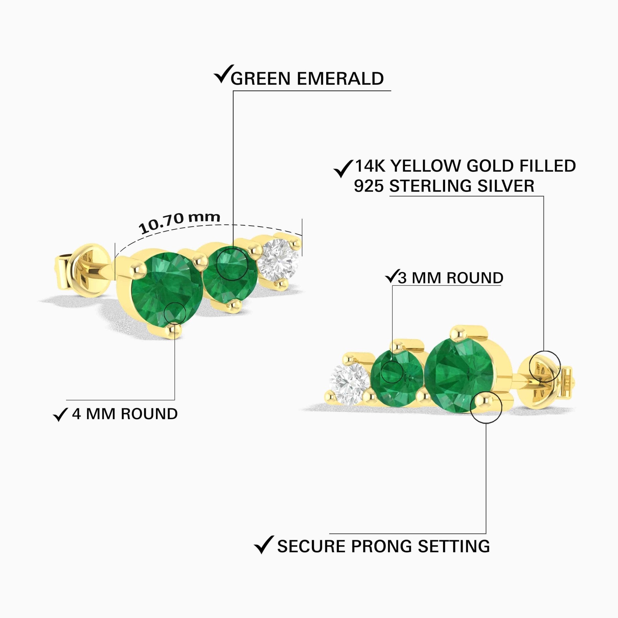 Emerald Three Round Gemstone Stud Earring - Goodstone Jewels