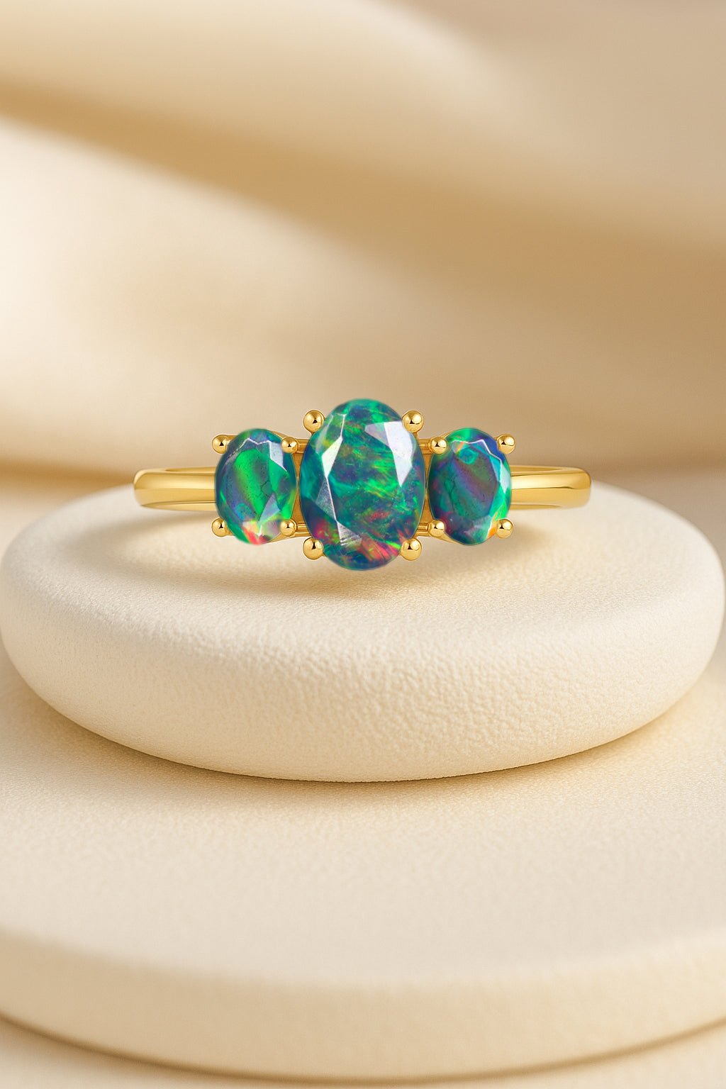 Engagement Wedding Three Stone Rings with Natural Black Opal - Goodstone Jewels