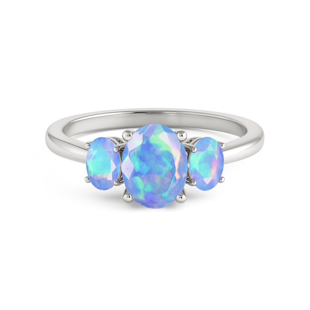 Engagement Wedding Three Stone Rings with Natural Blue Opal - Goodstone Jewels