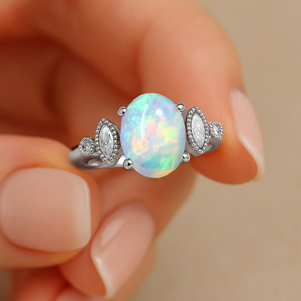 Ethiopian White Opal Gemstone Statement Ring for Her - Goodstone Jewels