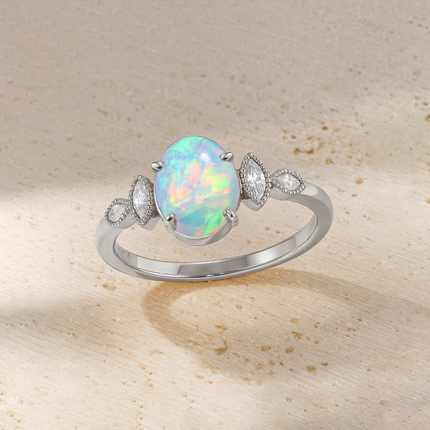 Ethiopian White Opal Gemstone Statement Ring for Her - Goodstone Jewels