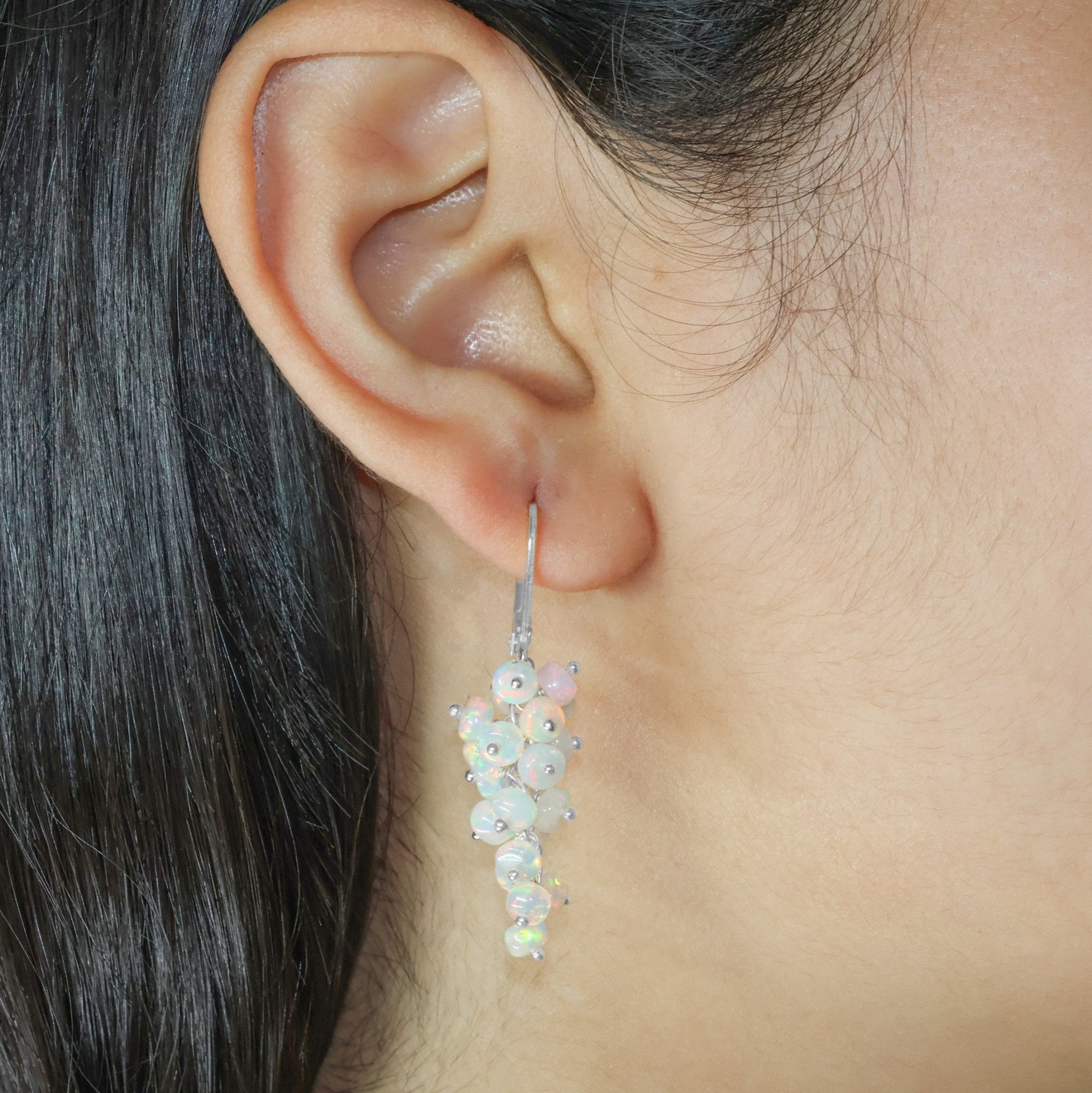 Ethiopian White Opal Smooth Beads Cluster Earrings for Her - Goodstone Jewels
