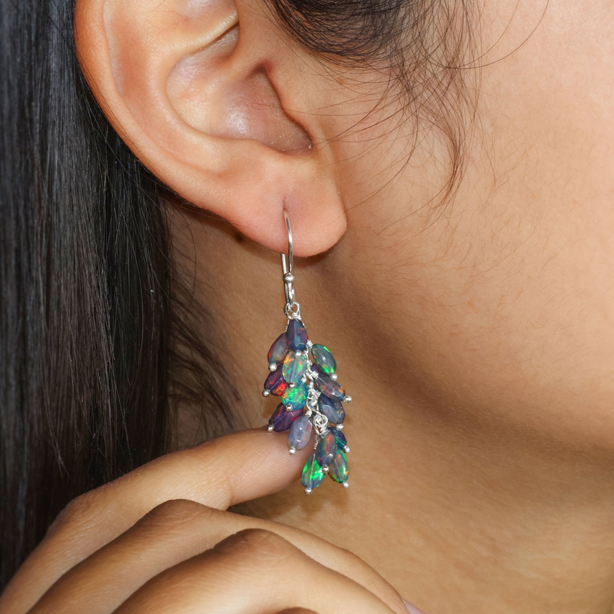 Faceted Tumble Natural Black Opal Beaded Cluster Earrings - Goodstone Jewels