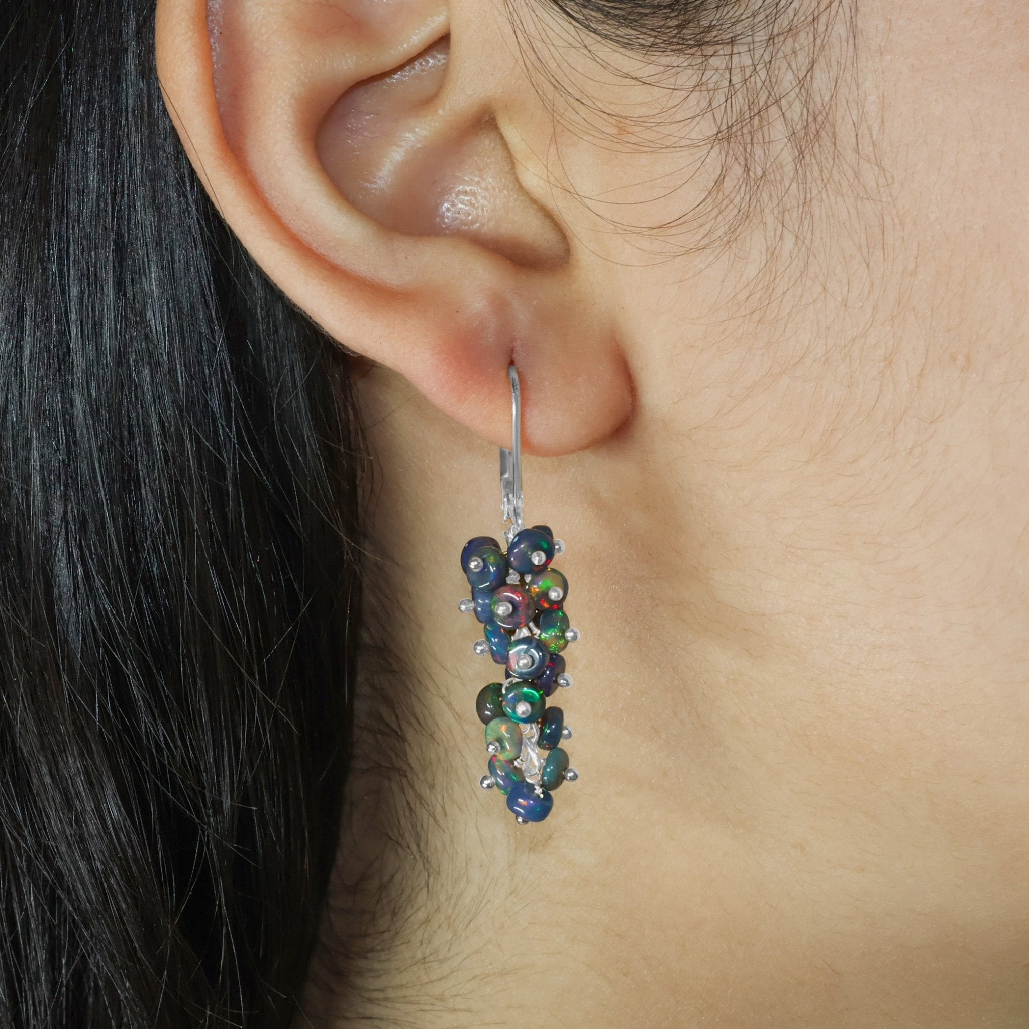 Fire Black Opal Smooth Beads Cluster Earrings for Her - Goodstone Jewels