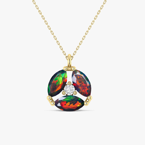Fire Black Opal Three Stone Round Pendant