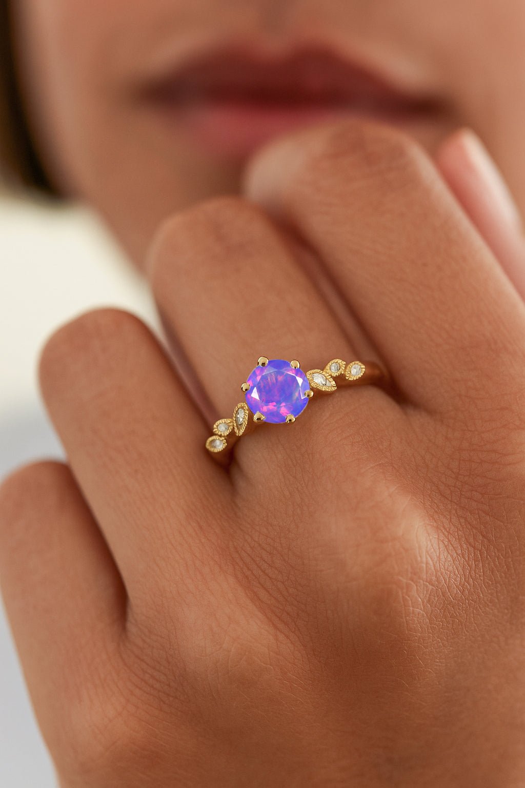 Fire Lavender Opal and Cubic Zirconia Engagement Classical Solitaire Ring - Goodstone Jewels