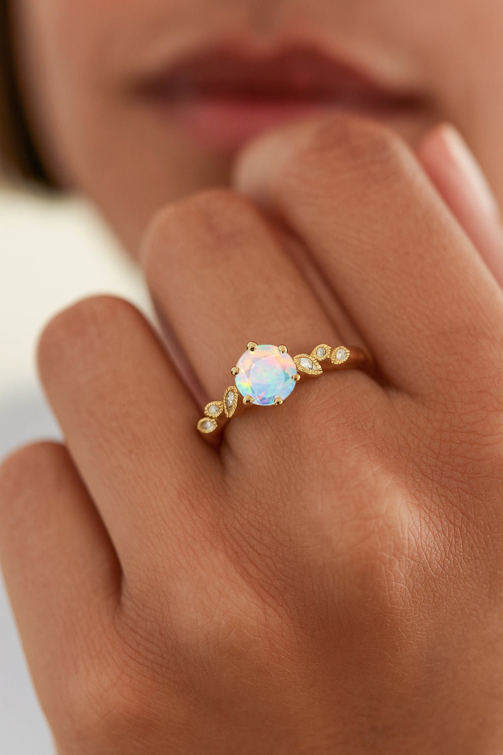 Fire White Opal and Cubic Zirconia Engagement Classical Solitaire Ring - Goodstone Jewels