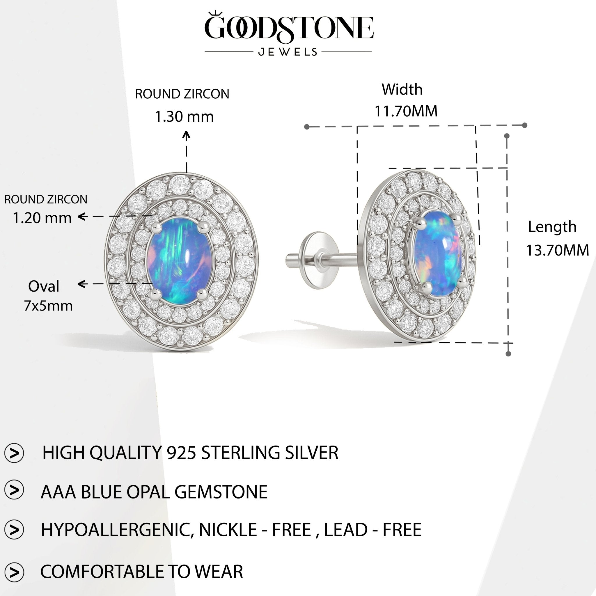 Genuine Blue Opal Push Back Stud Earrings for Her - Goodstone Jewels
