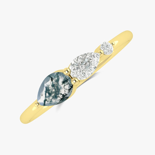 Genuine Moss Agate Pear Three Stone Ring
