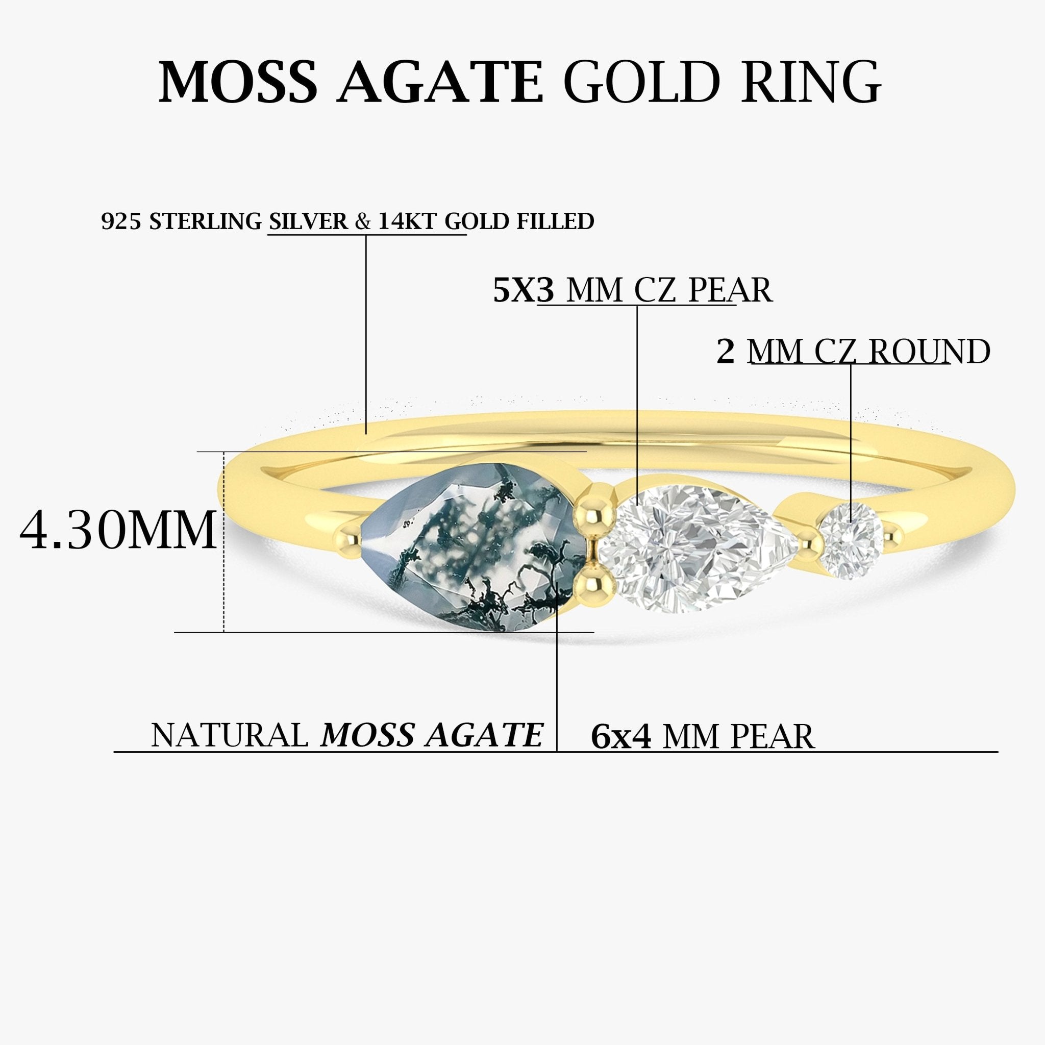 Genuine Moss Agate Pear Three Stone Ring - Goodstone Jewels