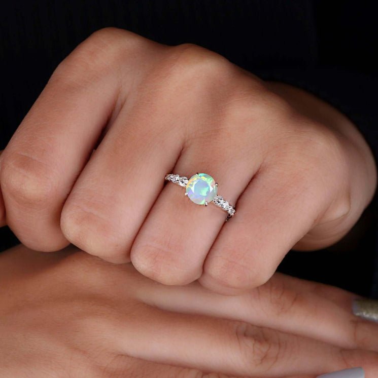 Genuine White fire Round Ethiopian opal statement ring - Goodstone Jewels
